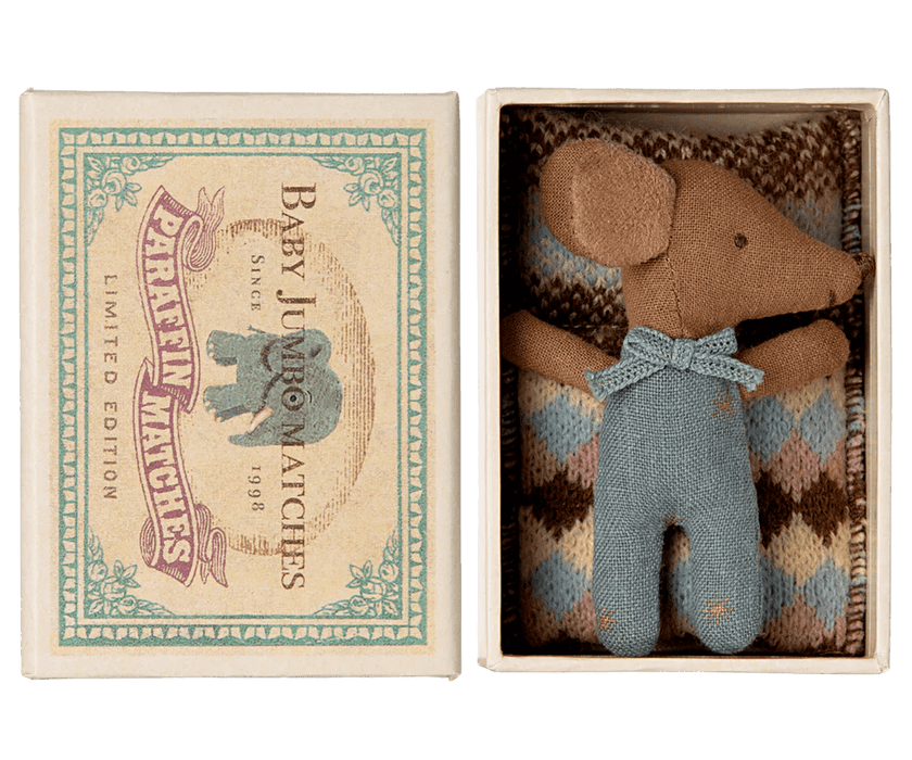 Sleepy wakey baby maus in der Streichholzschachtel in blau - Pilzessin.at - zauberhafte Kinderdinge