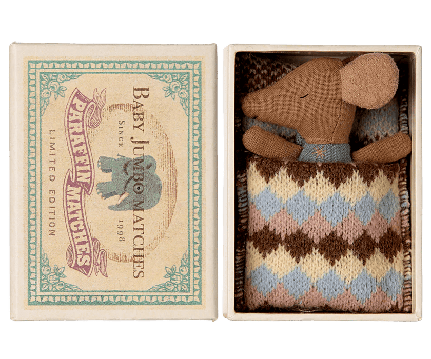 Sleepy wakey baby maus in der Streichholzschachtel in blau - Pilzessin.at - zauberhafte Kinderdinge